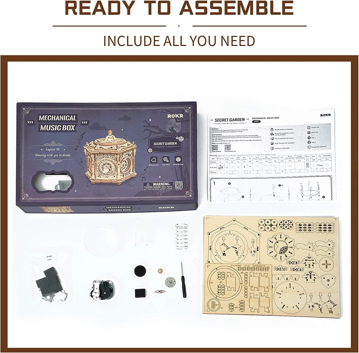 Robotime ROKR DIY Mechanical Music Box Kit 3D Wooden Puzzle Box - Secret Garden