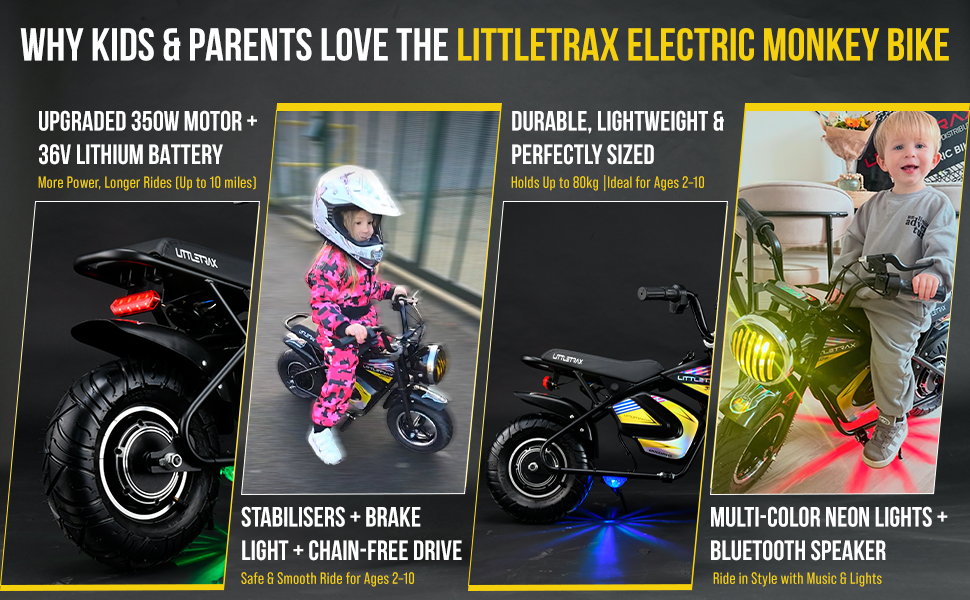 Littletrax 350W Kids Electric Bike – Ages 3 to 12+ Ride On Mini Monkey Bike